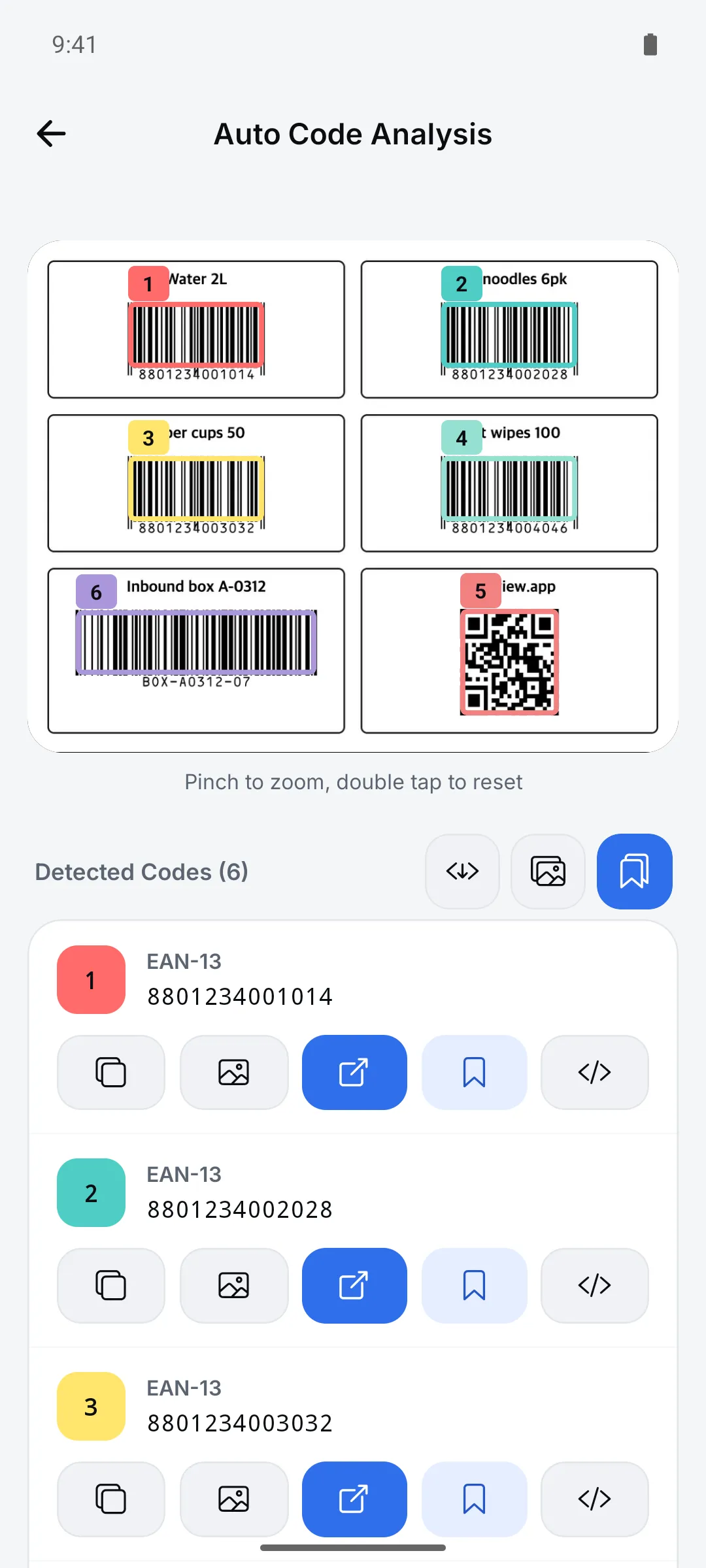 Results of analyzing codes in a photo