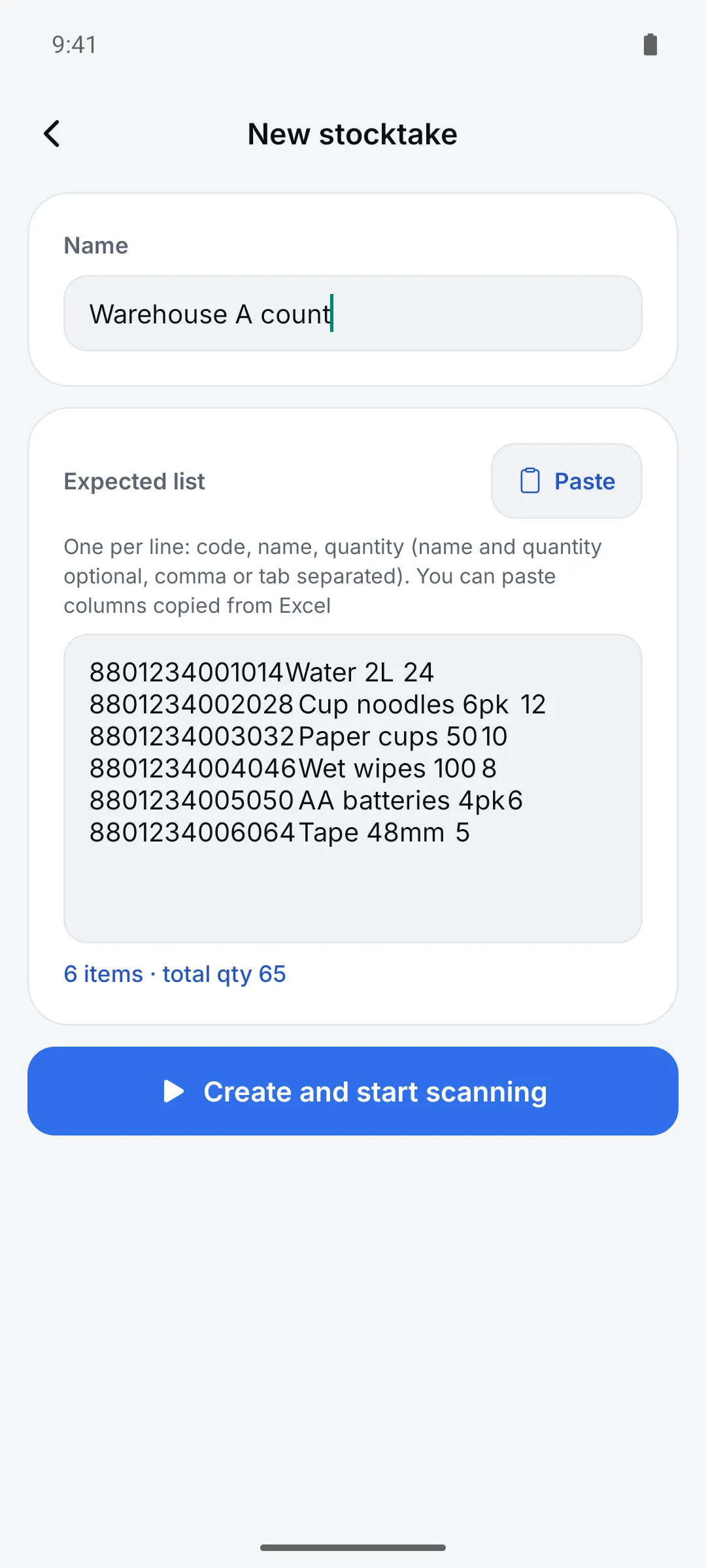 New stocktake screen with a pasted expected list