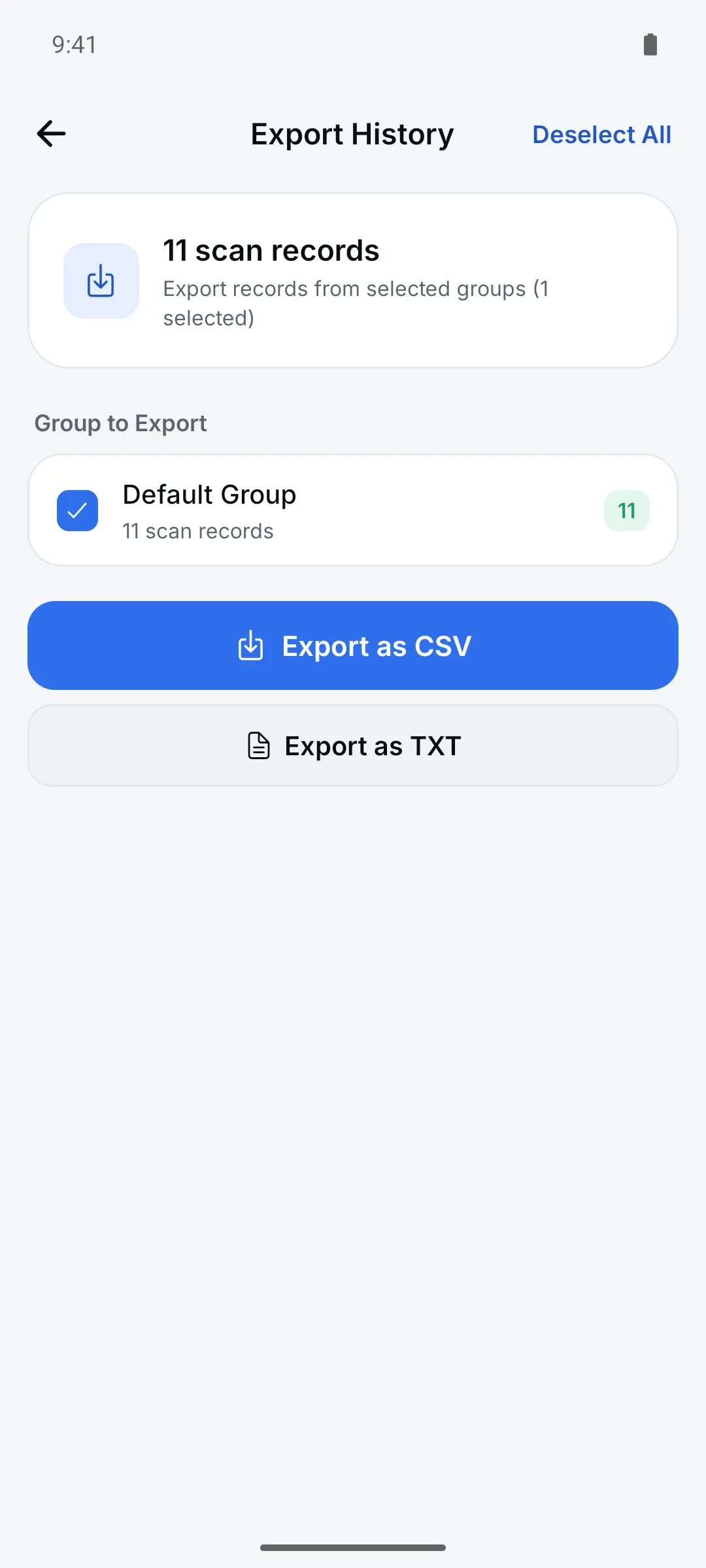Export History screen
