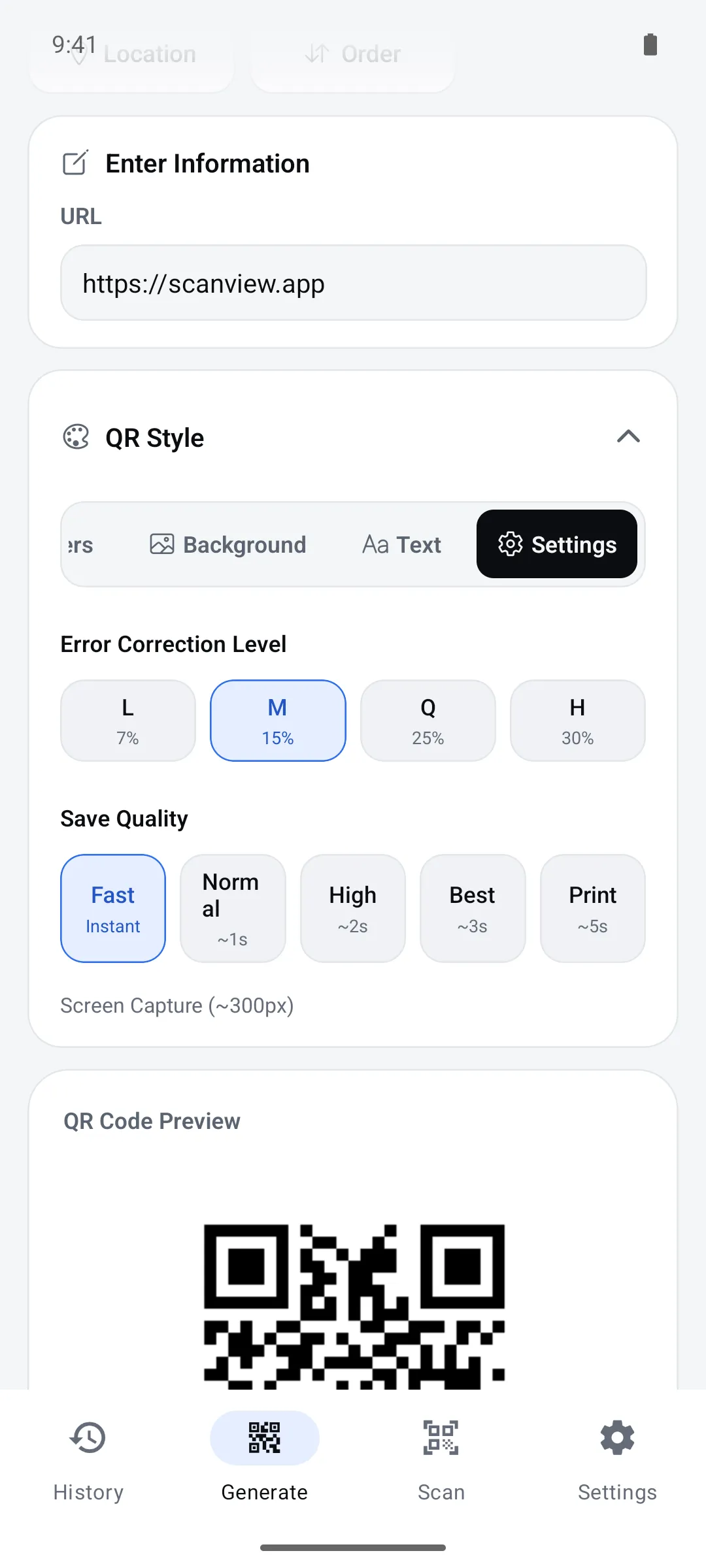 QR Style settings: error correction L, M, Q, H and save quality
