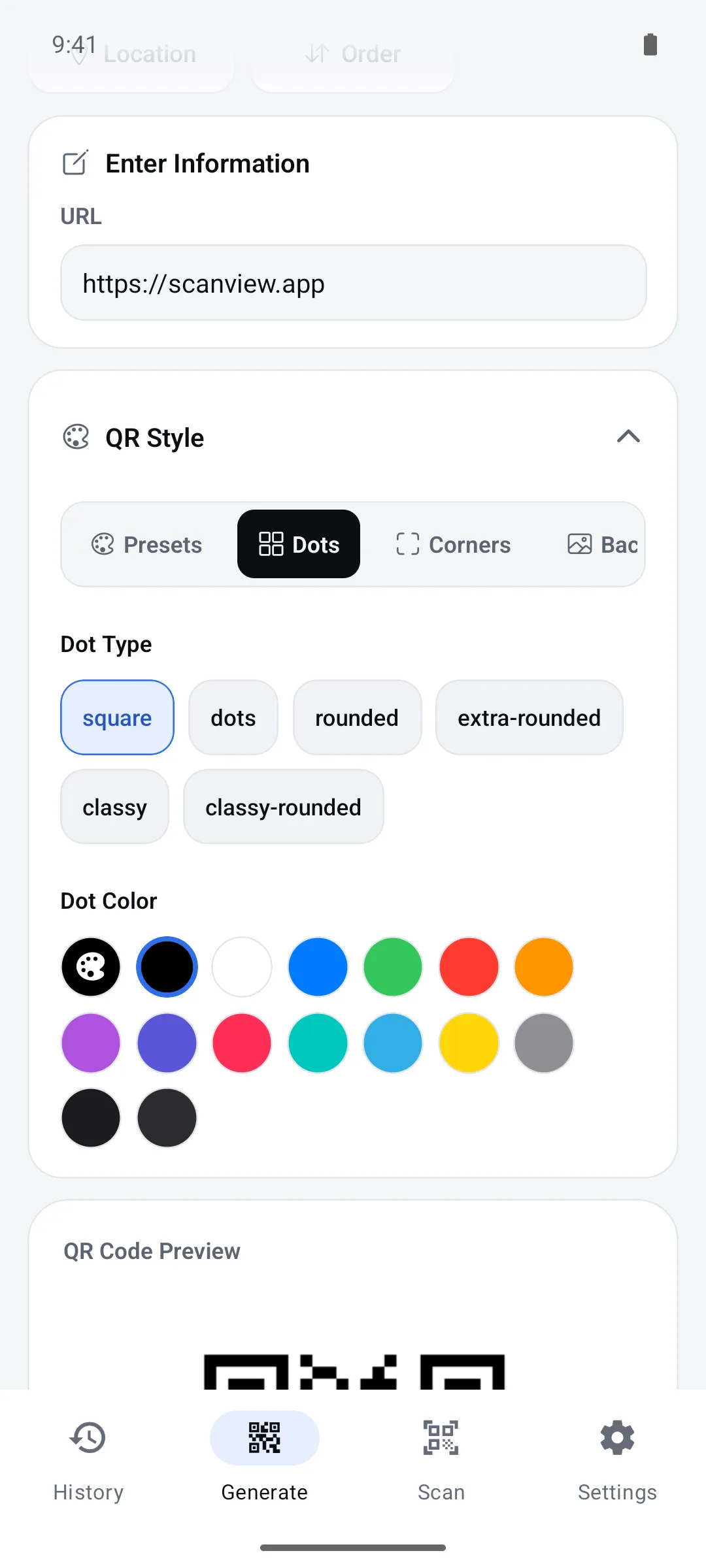 QR Style: dot shapes and colors