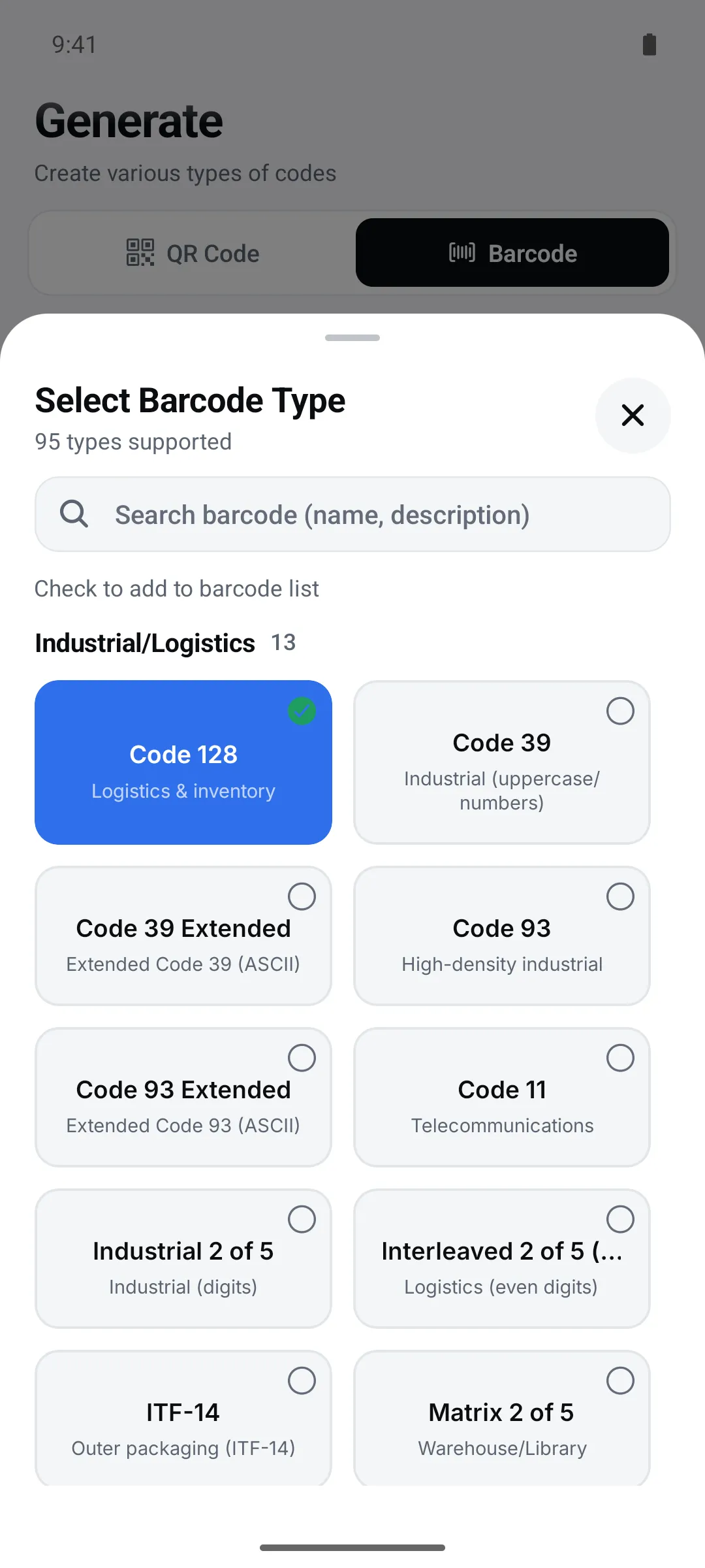 Barcode type picker with categories and search