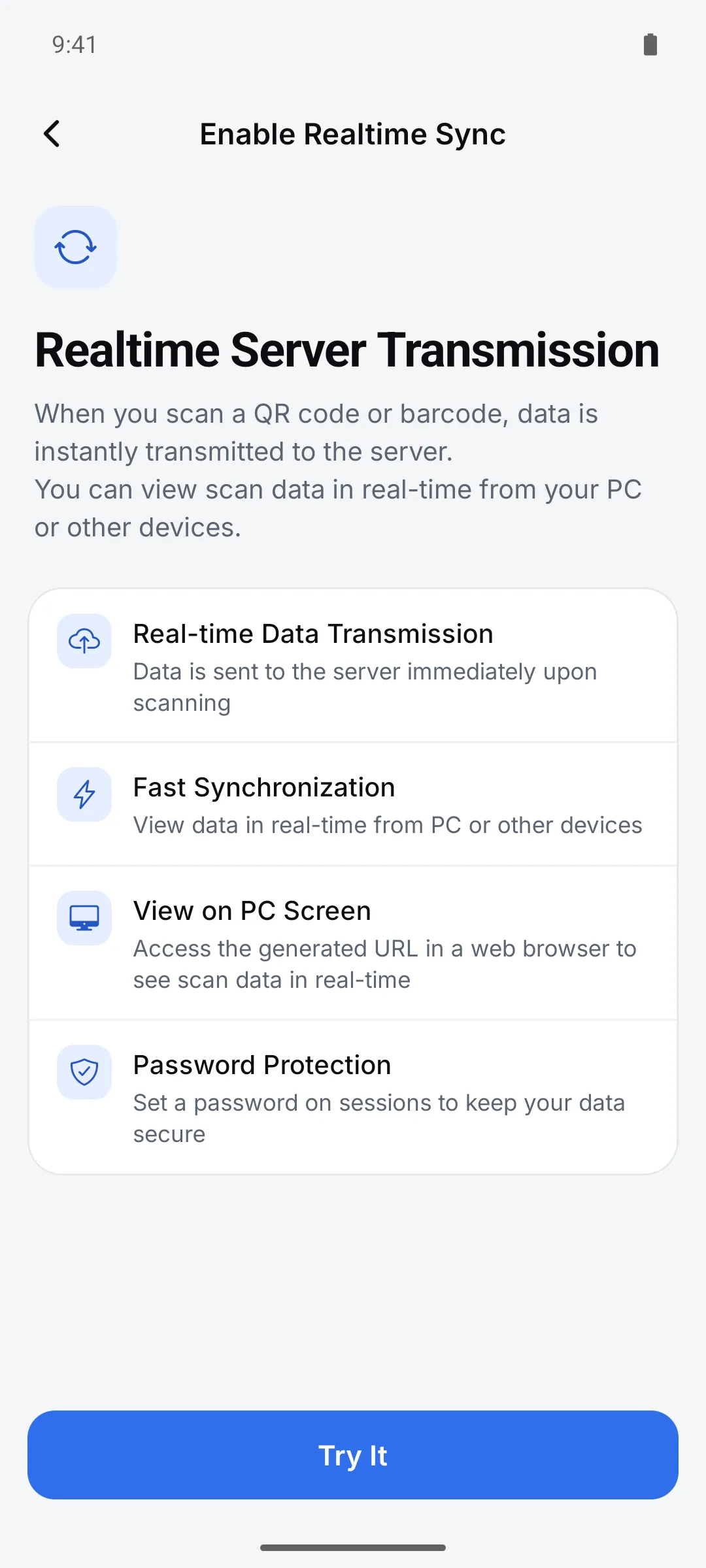 Live PC sync intro screen in the app