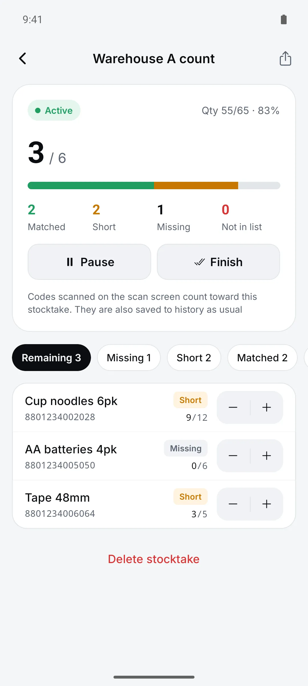 Stocktake detail with expected and scanned counts and status per item