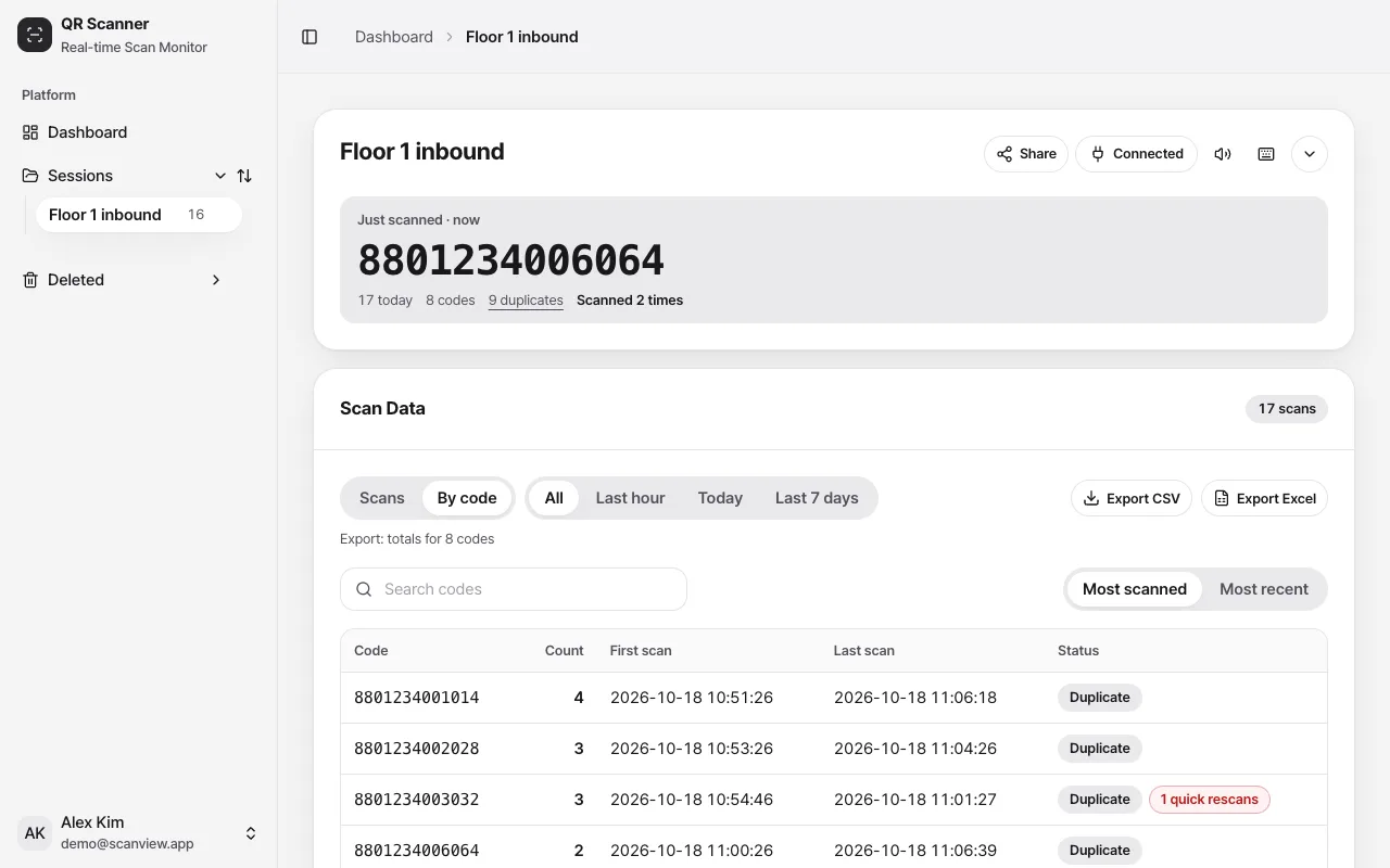 scanview.app session screen with the latest scan card and totals by code